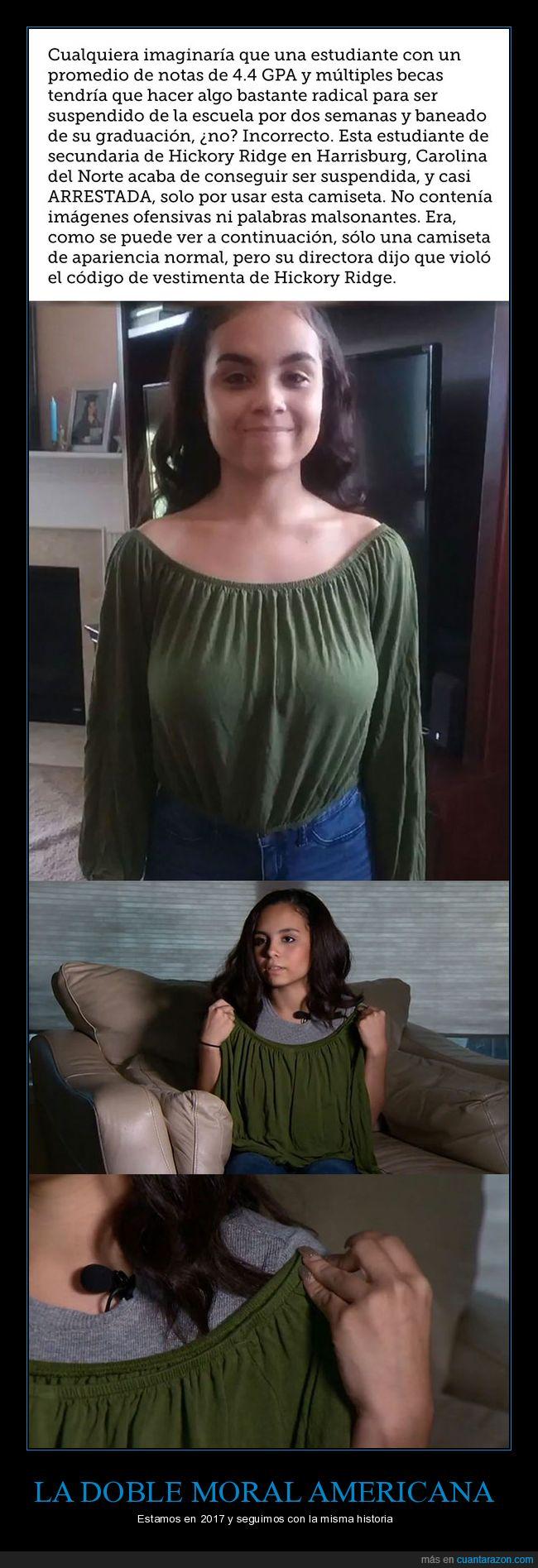 doble moral,camiseta,escote,chica,suspendida